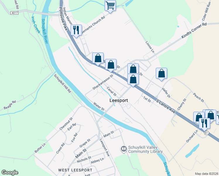 map of restaurants, bars, coffee shops, grocery stores, and more near 57 Canal Street in Leesport