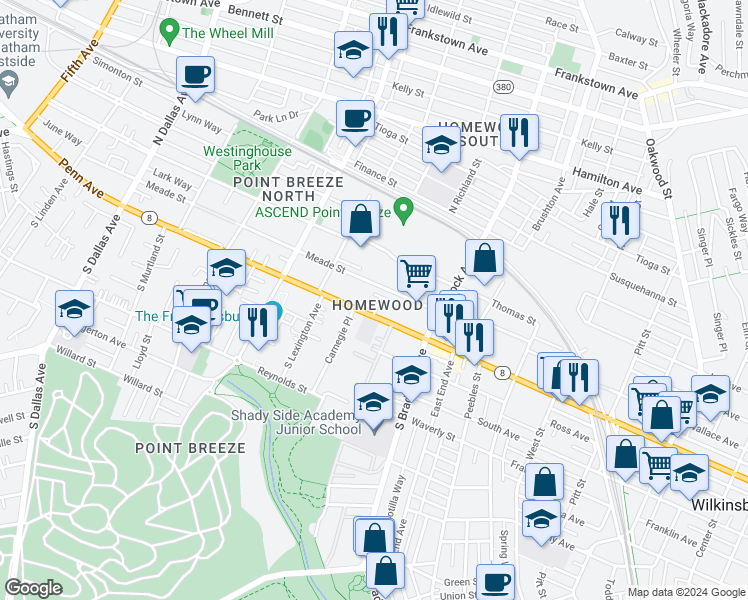 map of restaurants, bars, coffee shops, grocery stores, and more near 7420 Penfield Court in Pittsburgh