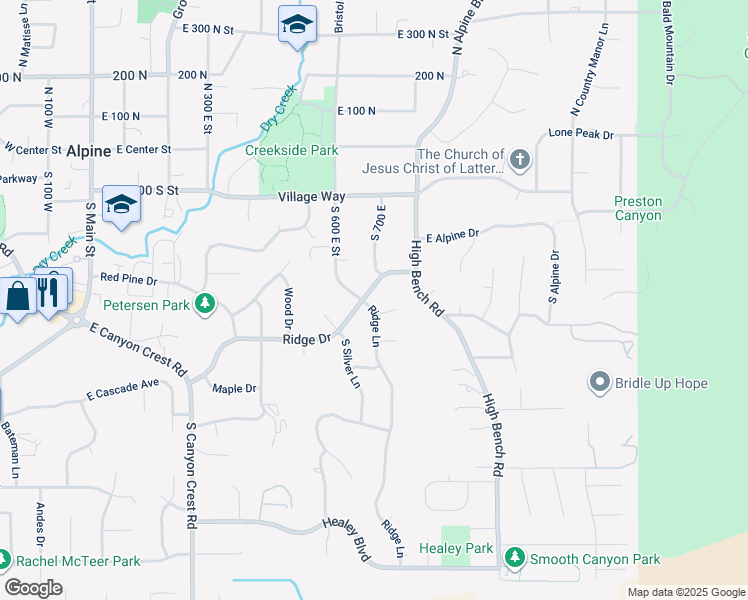 map of restaurants, bars, coffee shops, grocery stores, and more near 355 Ridge Lane in Alpine