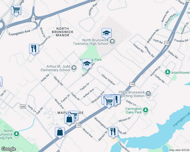 map of restaurants, bars, coffee shops, grocery stores, and more near 26 Silver Hollow in North Brunswick Township