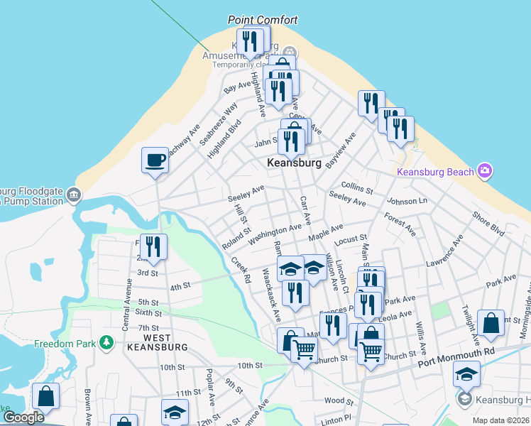 map of restaurants, bars, coffee shops, grocery stores, and more near 27 Lincoln Avenue in Keansburg