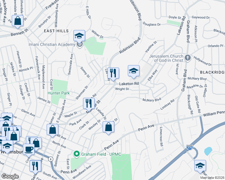 map of restaurants, bars, coffee shops, grocery stores, and more near in Wilkinsburg