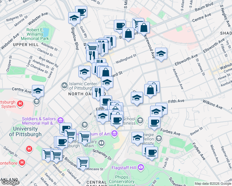 map of restaurants, bars, coffee shops, grocery stores, and more near 540 North Neville Street in Pittsburgh