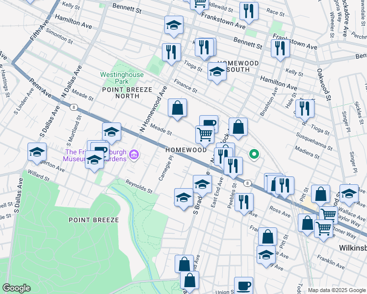 map of restaurants, bars, coffee shops, grocery stores, and more near 7410 Penfield Court in Pittsburgh