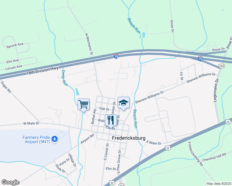 map of restaurants, bars, coffee shops, grocery stores, and more near 250 North Center Street in Fredericksburg