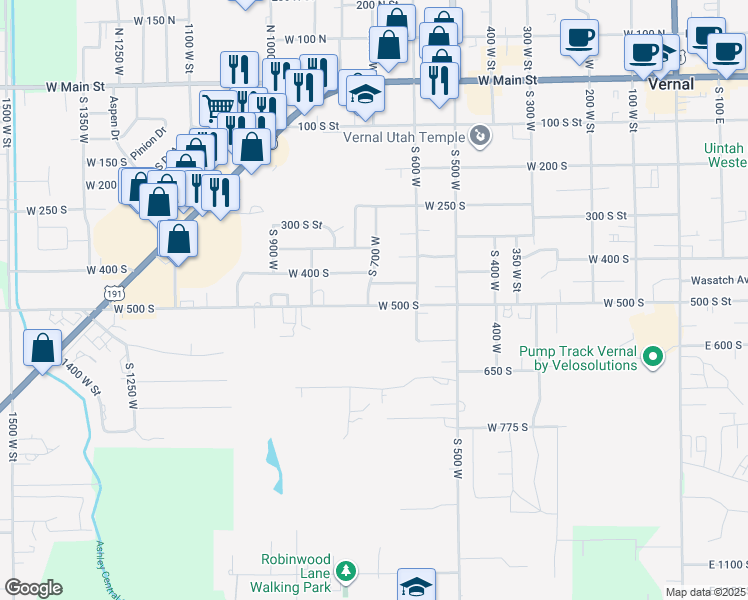 map of restaurants, bars, coffee shops, grocery stores, and more near 485 700 West Street in Vernal