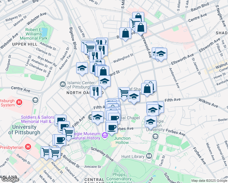 map of restaurants, bars, coffee shops, grocery stores, and more near 540 North Neville Street in Pittsburgh