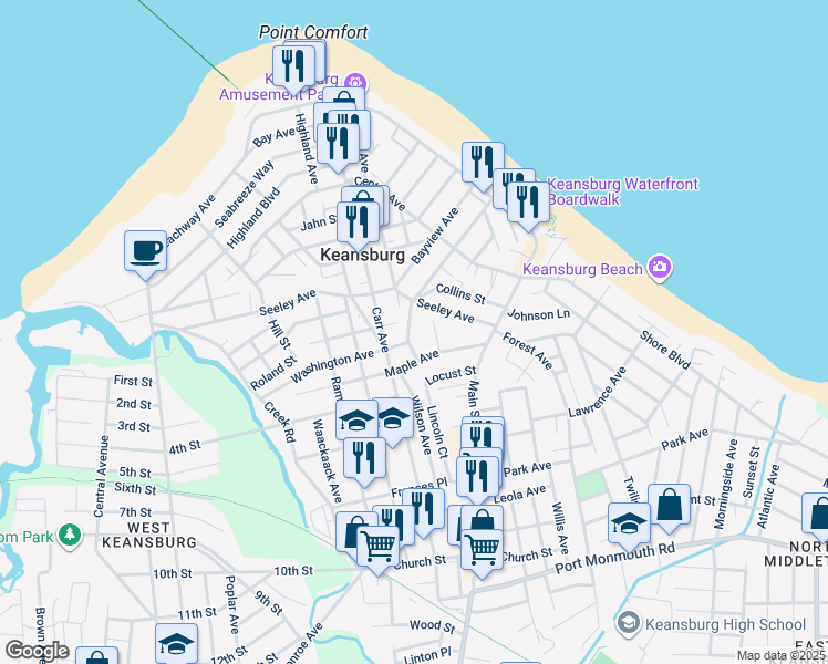 map of restaurants, bars, coffee shops, grocery stores, and more near 26 Brookside Avenue in Keansburg