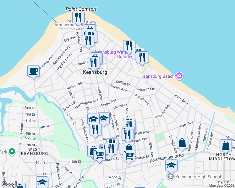 map of restaurants, bars, coffee shops, grocery stores, and more near 52 Seeley Avenue in Keansburg