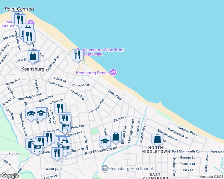 map of restaurants, bars, coffee shops, grocery stores, and more near 36 Ocean Boulevard in Keansburg