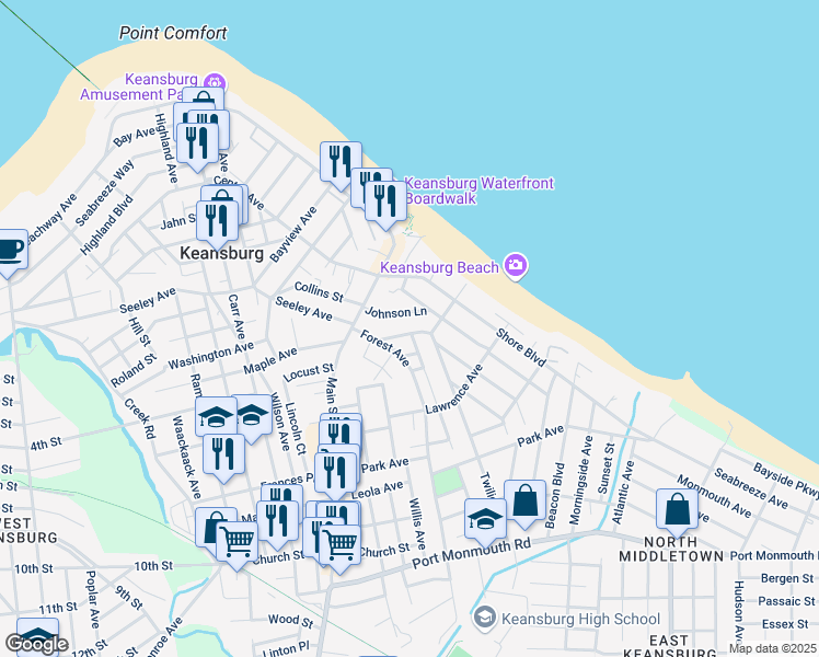 map of restaurants, bars, coffee shops, grocery stores, and more near 48 Johnson Lane in Keansburg