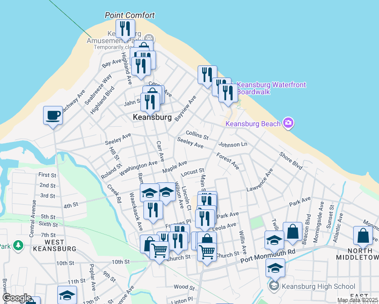 map of restaurants, bars, coffee shops, grocery stores, and more near 52 Seeley Avenue in Keansburg