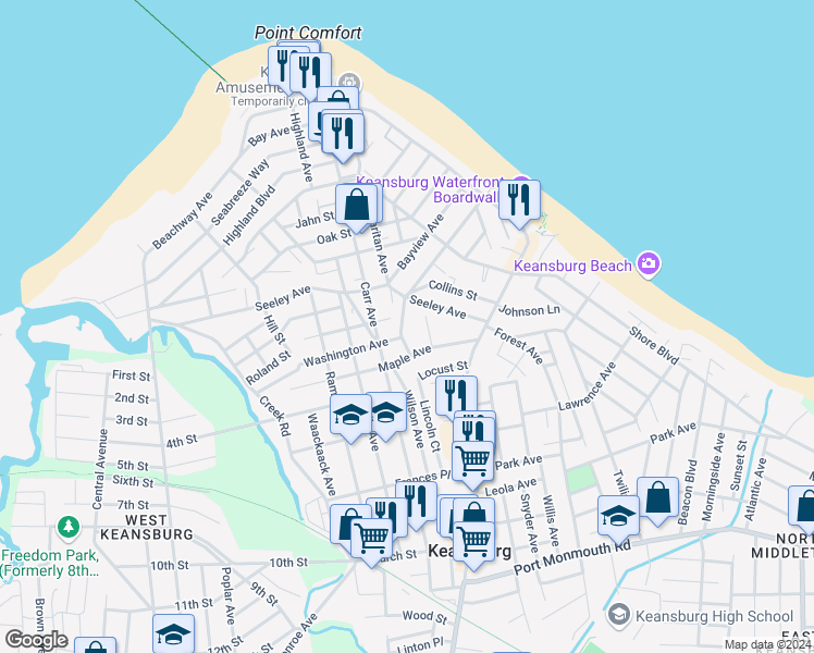 map of restaurants, bars, coffee shops, grocery stores, and more near 26 Brookside Avenue in Keansburg