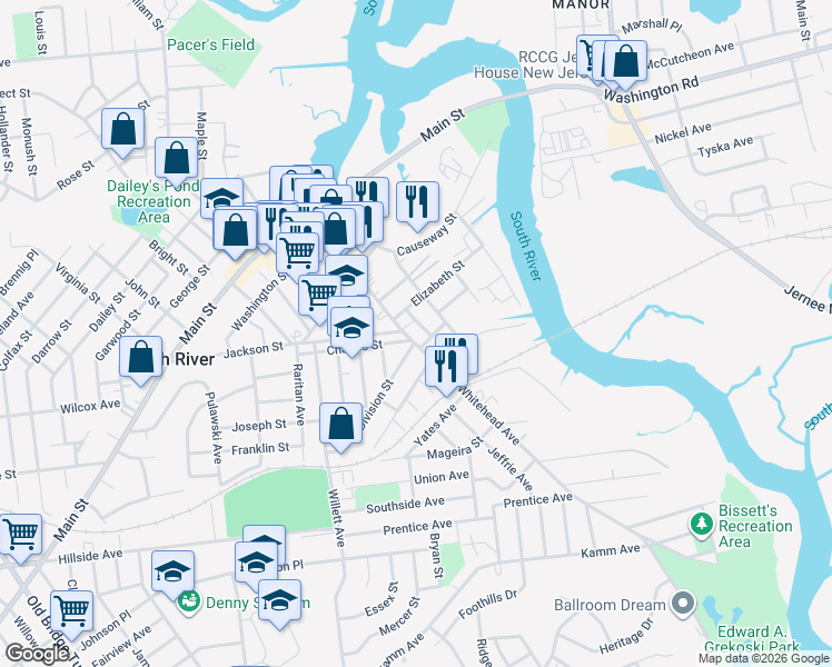 map of restaurants, bars, coffee shops, grocery stores, and more near 2 Elizabeth Street in South River