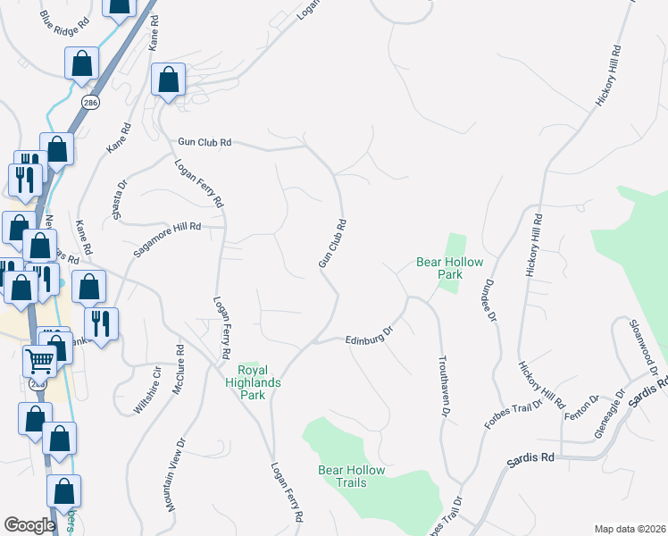 map of restaurants, bars, coffee shops, grocery stores, and more near 3965 Gun Club Road in Murrysville