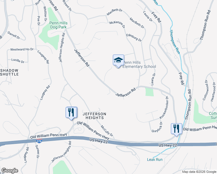 map of restaurants, bars, coffee shops, grocery stores, and more near 1067-1135 Jefferson Road in Penn Hills