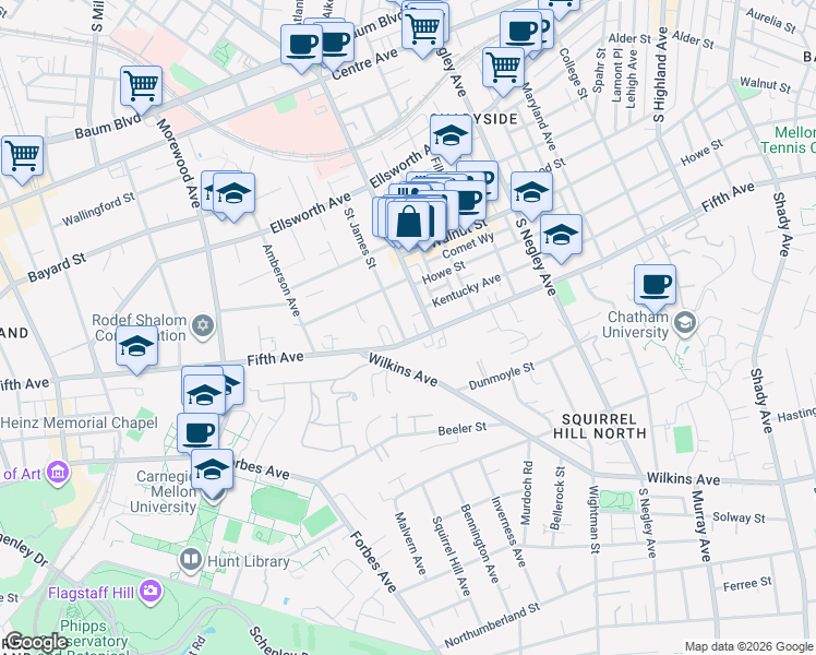 map of restaurants, bars, coffee shops, grocery stores, and more near 926 South Aiken Avenue in Pittsburgh