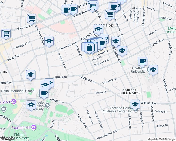 map of restaurants, bars, coffee shops, grocery stores, and more near 926 South Aiken Avenue in Pittsburgh