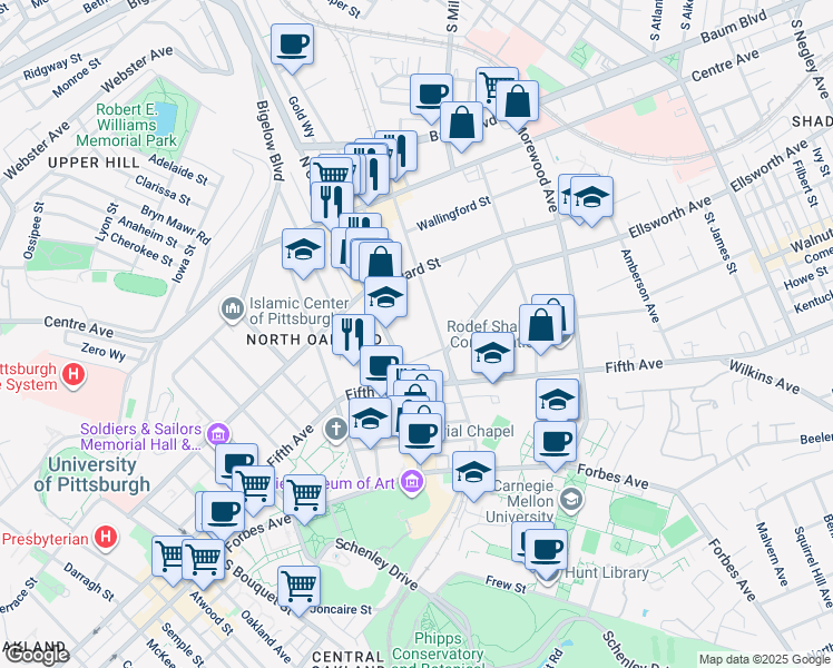 map of restaurants, bars, coffee shops, grocery stores, and more near 540 North Neville Street in Pittsburgh