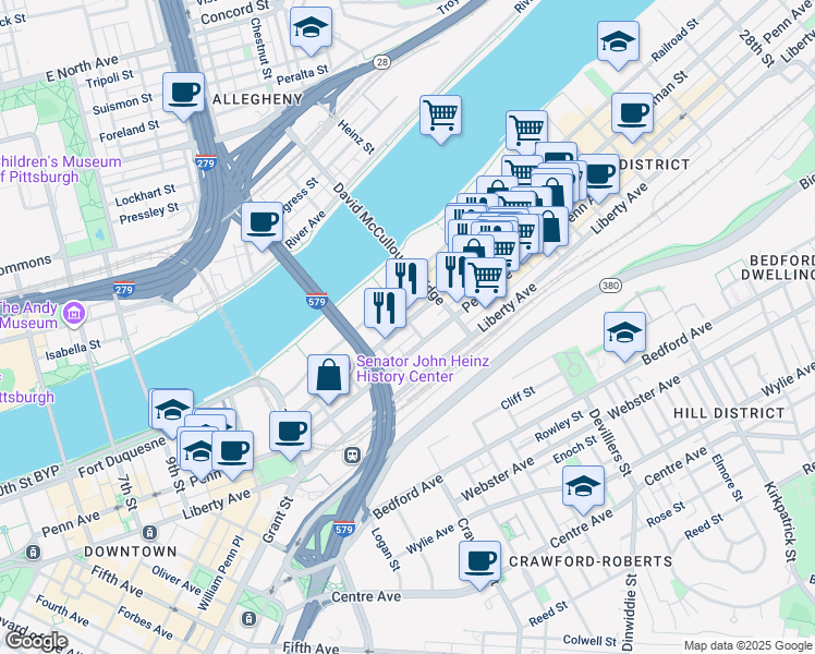 map of restaurants, bars, coffee shops, grocery stores, and more near 1501 Penn Avenue in Pittsburgh