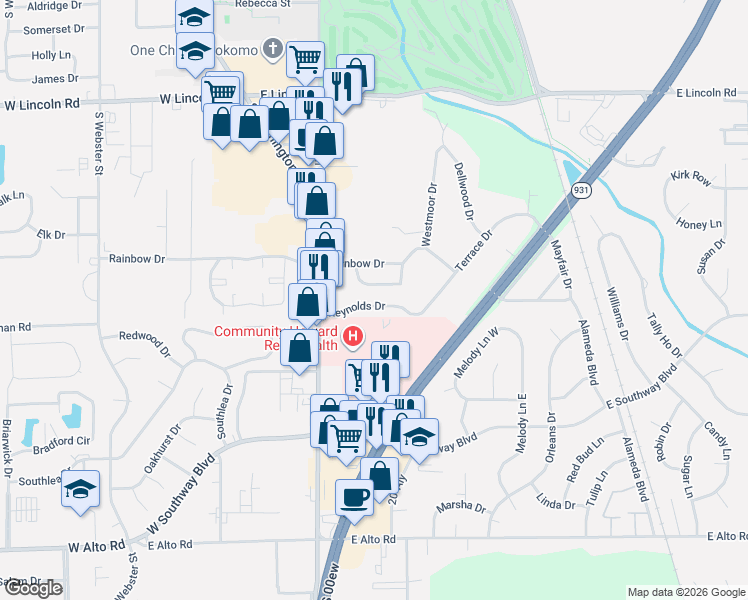 map of restaurants, bars, coffee shops, grocery stores, and more near 528 Meadow Drive in Kokomo