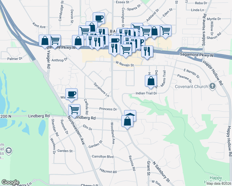 map of restaurants, bars, coffee shops, grocery stores, and more near 2118 N Salisbury St in West Lafayette