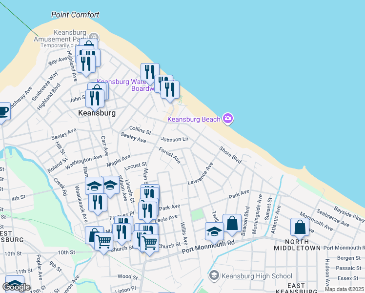 map of restaurants, bars, coffee shops, grocery stores, and more near 48 Johnson Lane in Keansburg