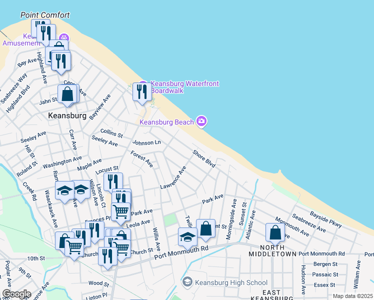 map of restaurants, bars, coffee shops, grocery stores, and more near 95 Shore Boulevard in Keansburg