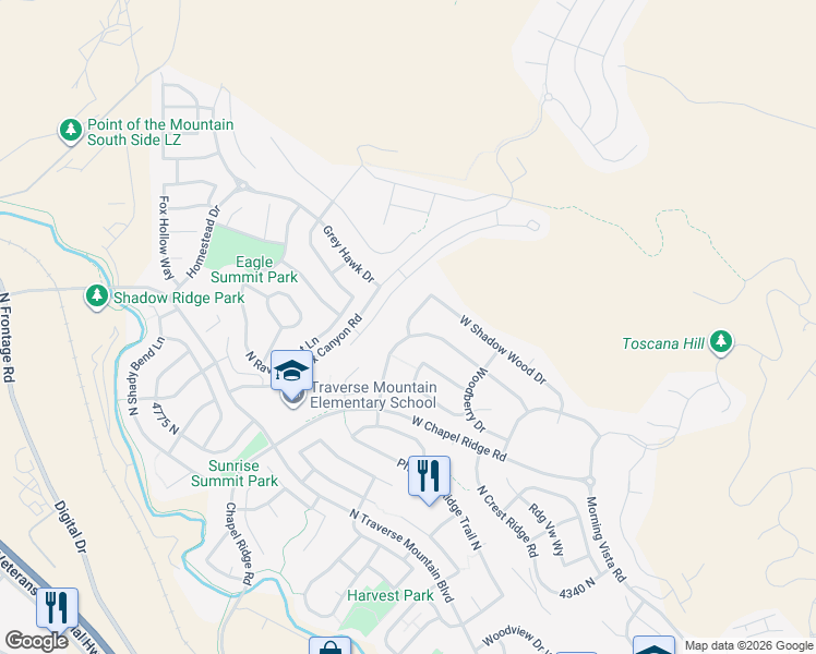 map of restaurants, bars, coffee shops, grocery stores, and more near 4959 West Shadow Wood Drive in Lehi