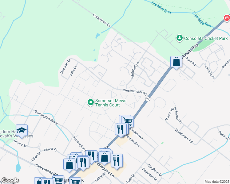 map of restaurants, bars, coffee shops, grocery stores, and more near 303 Commons Way in Franklin Township