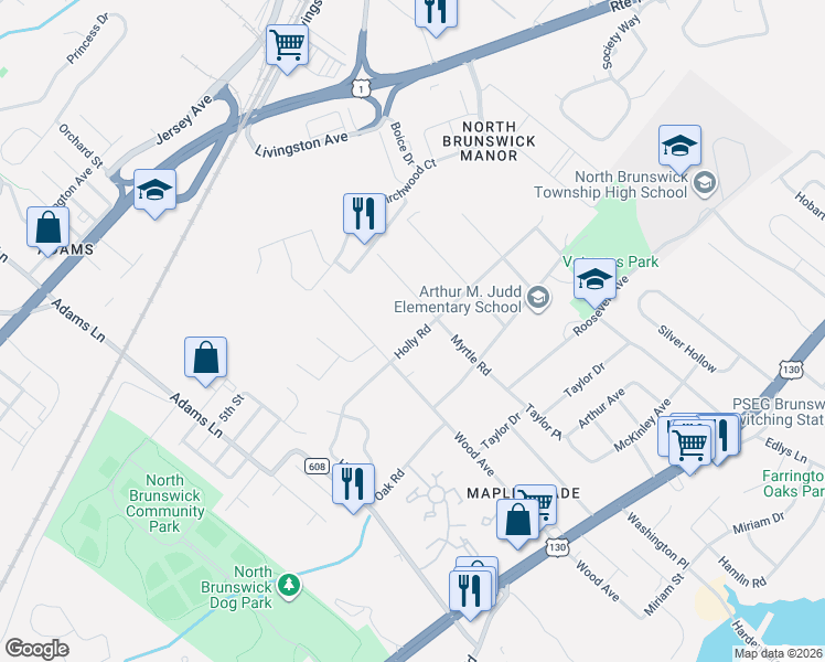 map of restaurants, bars, coffee shops, grocery stores, and more near 1731 Holly Road in North Brunswick Township