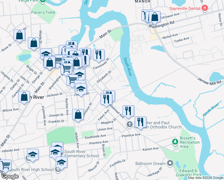 map of restaurants, bars, coffee shops, grocery stores, and more near 19 Herman Street in South River