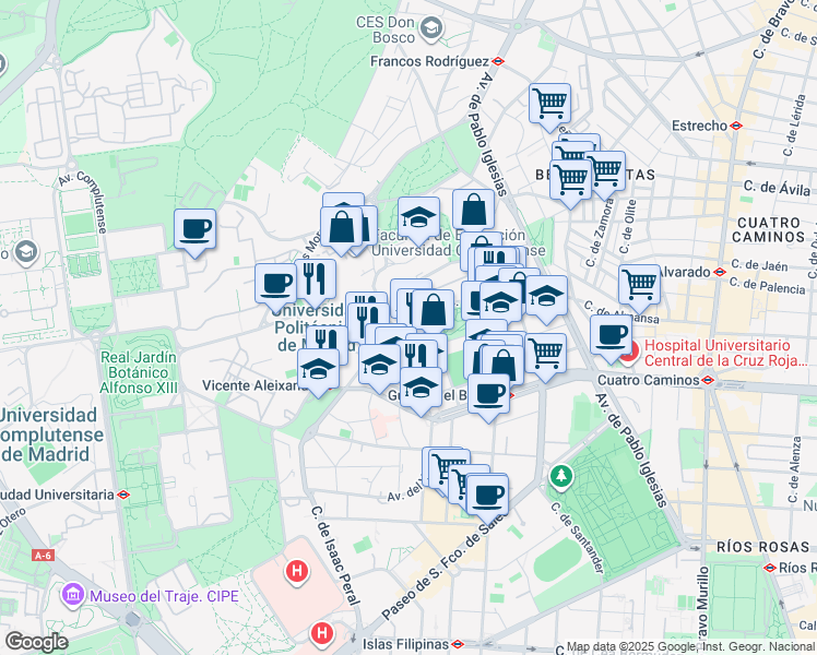 map of restaurants, bars, coffee shops, grocery stores, and more near 18 Calle de Beatriz de Bobadilla in Madrid