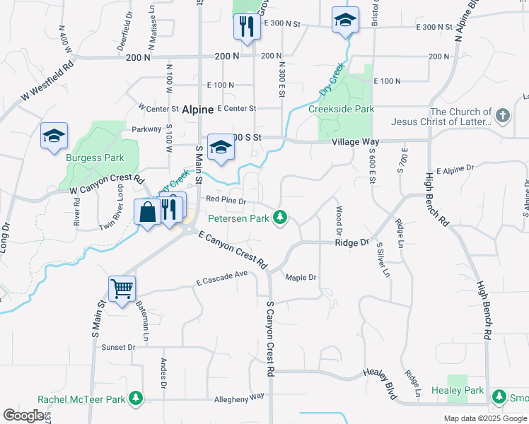 map of restaurants, bars, coffee shops, grocery stores, and more near 250 Red Pine Drive in Alpine