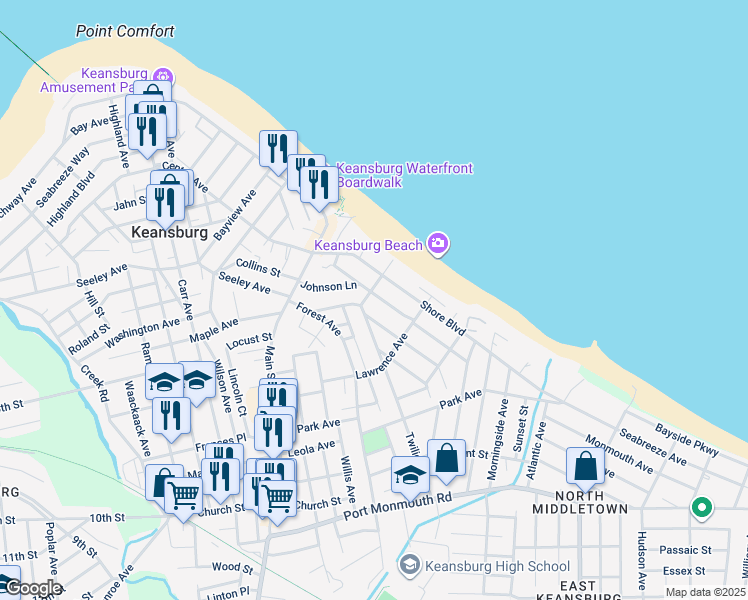 map of restaurants, bars, coffee shops, grocery stores, and more near 46 Woodland Avenue in Keansburg