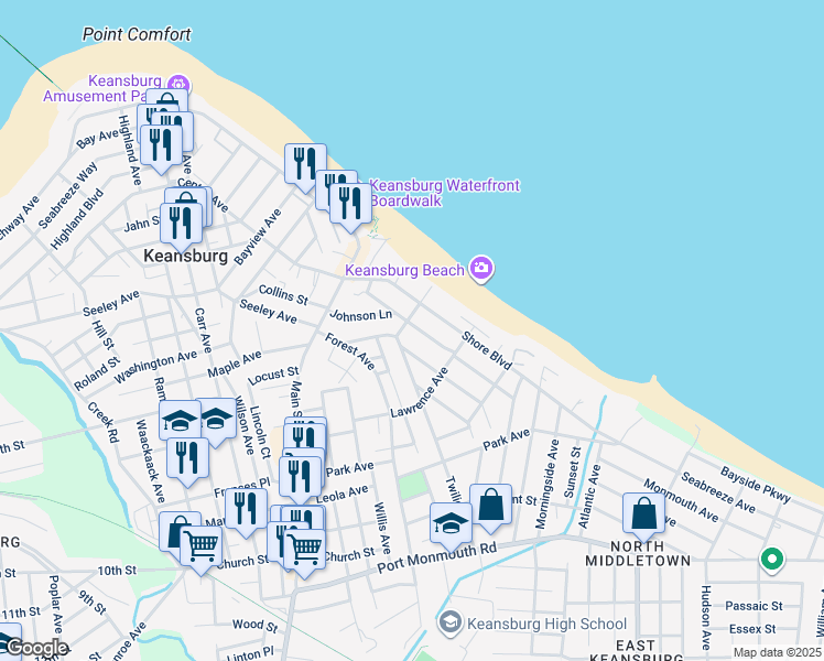map of restaurants, bars, coffee shops, grocery stores, and more near 46 Woodland Avenue in Keansburg