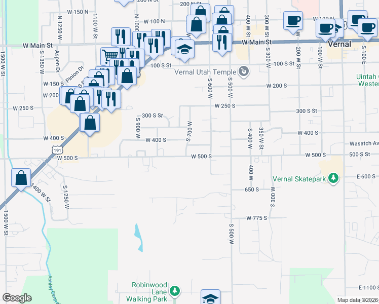 map of restaurants, bars, coffee shops, grocery stores, and more near 473 South 700 West in Vernal