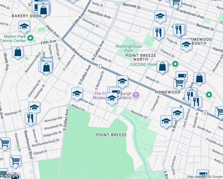 map of restaurants, bars, coffee shops, grocery stores, and more near 208 South Lang Avenue in Pittsburgh