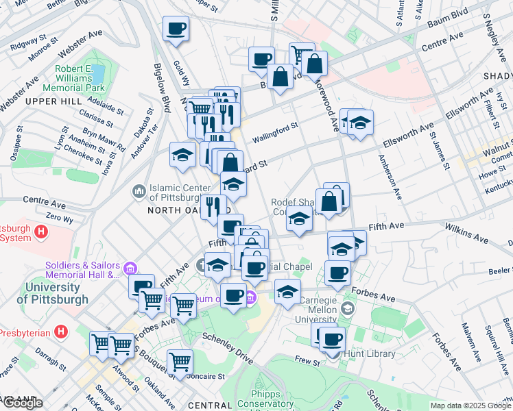 map of restaurants, bars, coffee shops, grocery stores, and more near 540 North Neville Street in Pittsburgh