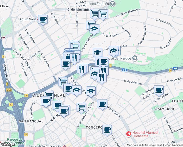 map of restaurants, bars, coffee shops, grocery stores, and more near 20 Calle de Josefa Valcárcel in Madrid