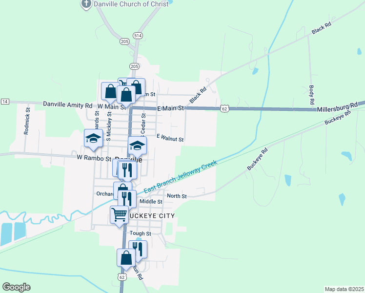 map of restaurants, bars, coffee shops, grocery stores, and more near 228 East Walnut Street in Danville