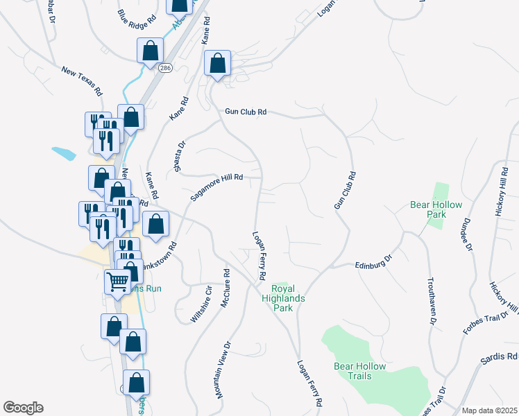 map of restaurants, bars, coffee shops, grocery stores, and more near 3799 Logan Ferry Road in Plum