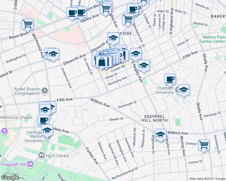map of restaurants, bars, coffee shops, grocery stores, and more near 5425 Fifth Avenue in Pittsburgh