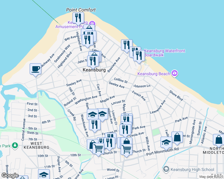 map of restaurants, bars, coffee shops, grocery stores, and more near 52 Seeley Avenue in Keansburg