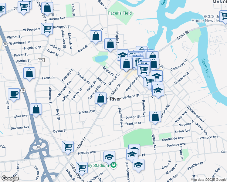 map of restaurants, bars, coffee shops, grocery stores, and more near 100 Main Street in South River