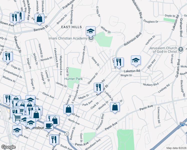 map of restaurants, bars, coffee shops, grocery stores, and more near 1339 Sherman Street in Pittsburgh