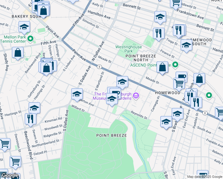 map of restaurants, bars, coffee shops, grocery stores, and more near 208 South Lang Avenue in Pittsburgh