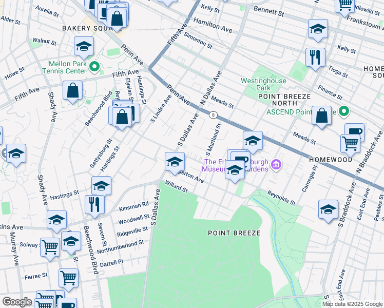 map of restaurants, bars, coffee shops, grocery stores, and more near 325 South Dallas Avenue in Pittsburgh