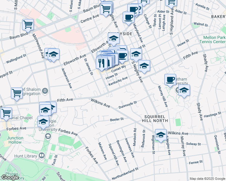 map of restaurants, bars, coffee shops, grocery stores, and more near 5425 Fifth Avenue in Pittsburgh