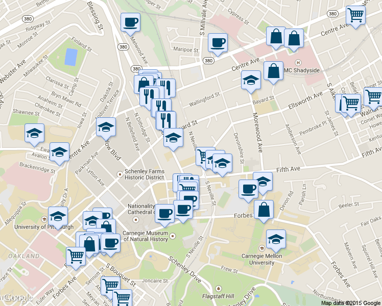 map of restaurants, bars, coffee shops, grocery stores, and more near 540 North Neville Street in Pittsburgh